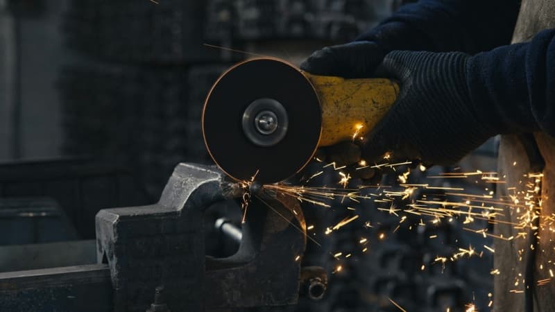 Angle grinder cutting metal with sparks in a workshop